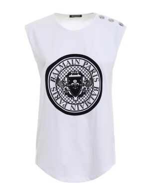 Balmain Logo White Tank Top with Silver Embellished Shoulder Buttons. Size FR 34